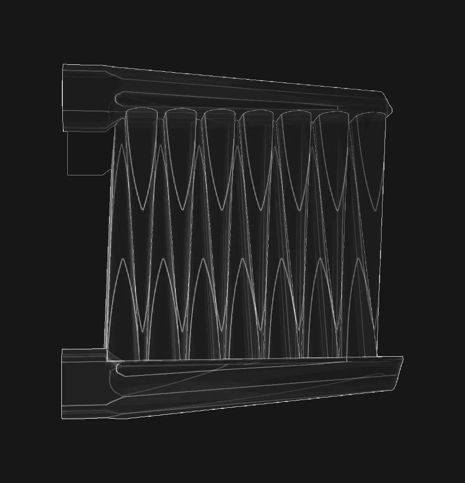 Wireframe of the exchanger core, with tall lens-shaped fins between the ducts.