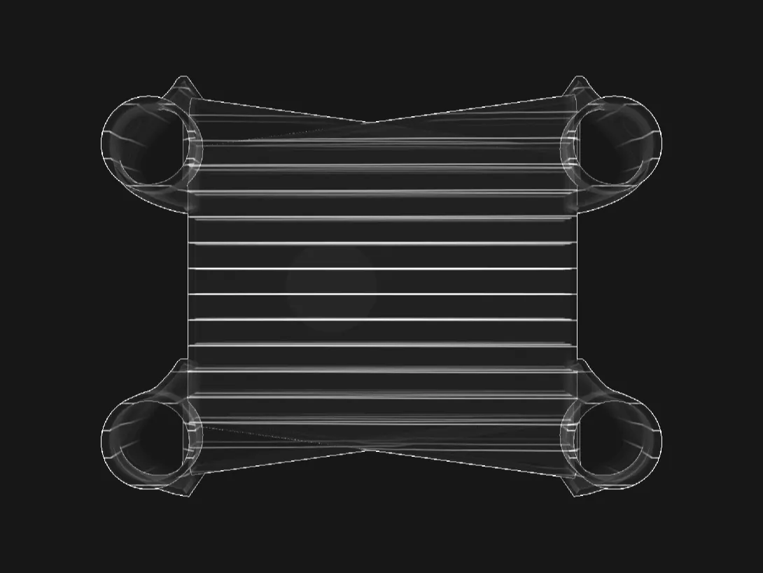 Wireframe of a Phasic heat exchanger: a finned core between four ported ducts.